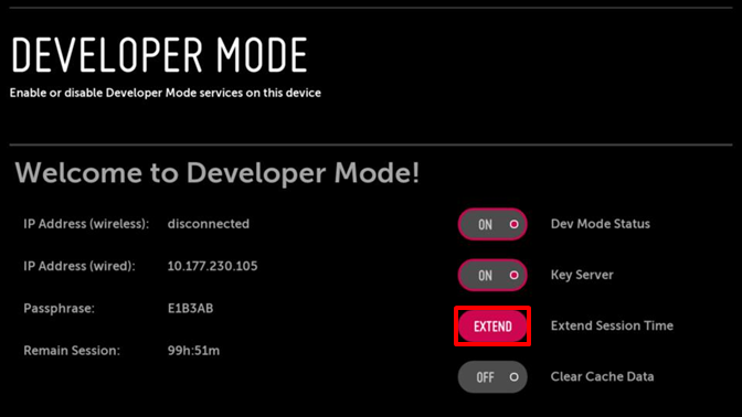 The Extend button on the Developer Mode app