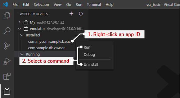 The application context menu of the Visual Studio Code