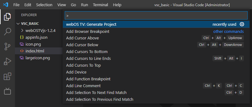 The command palette of the Visual Studio Code