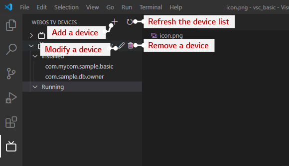 The device inline menu of the Visual Studio Code