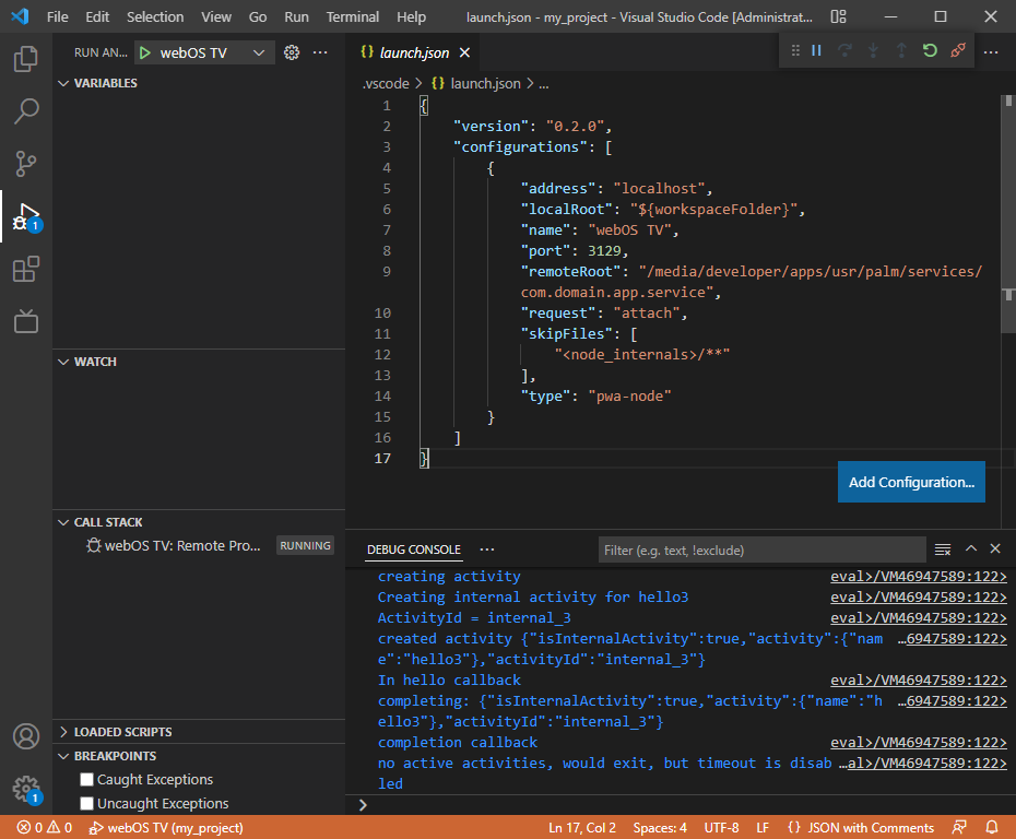 Screenshot of inspecting a JS service using the 'Inspect JS service' menu