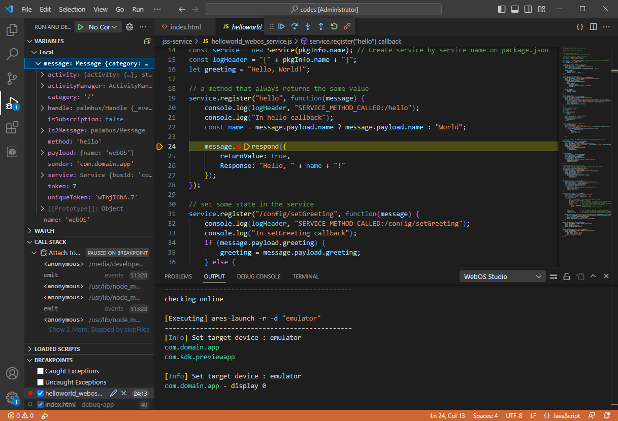 Service debugging session on VS Code