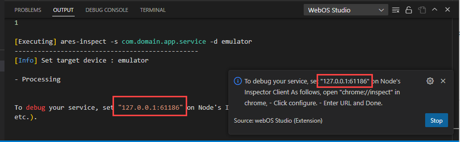 URL for the service debugging session